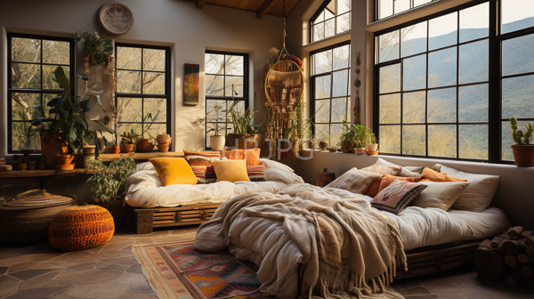 High Resolution: Cozy sunlit room features large grid-patterned windows overlooking a mountainous landscape and a rustic wooden daybed with white and patterned pillows download. | HRJPG.com