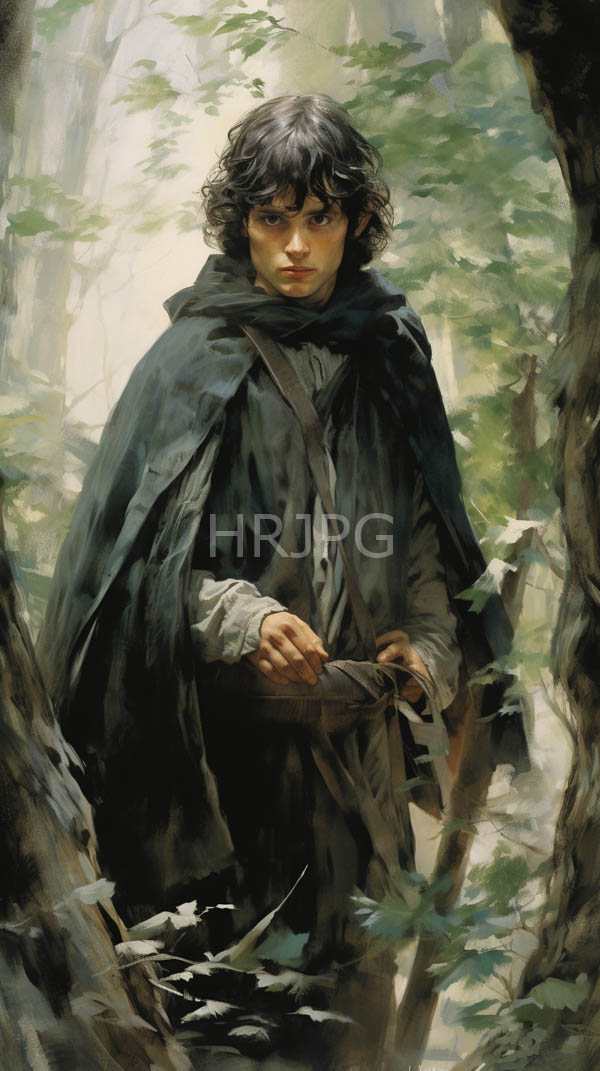 High Resolution: Realistic oil painting depicts a young boy with curly black hair wearing a dark green cloak and brown tunic standing in a dense forest holding a rolled-up parchment download. | HRJPG.com