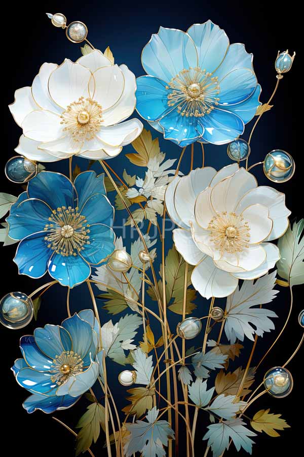 High Resolution: Detailed realistic floral arrangement features large delicate poppies in shades of white and blue with translucent petals and clear spherical bubbles download. | HRJPG.com