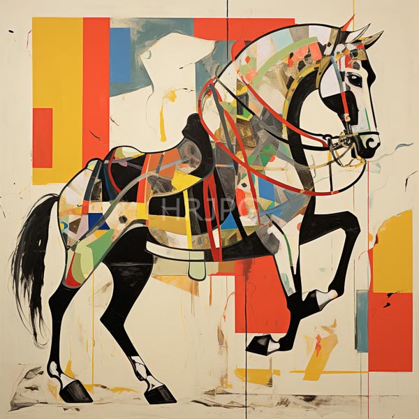 High Resolution: Black horse with geometric patterns in red yellow blue and green is in a dynamic pose rearing on its hind legs with a red bridle and reins download. | HRJPG.com