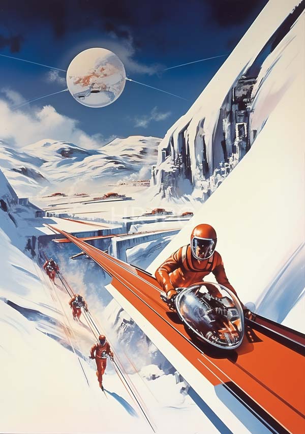 High Resolution: Futuristic ski race on a snowy mountain slope features a skier in an orange suit and helmet leading with a large detailed planet and moon orbiting above download. | HRJPG.com