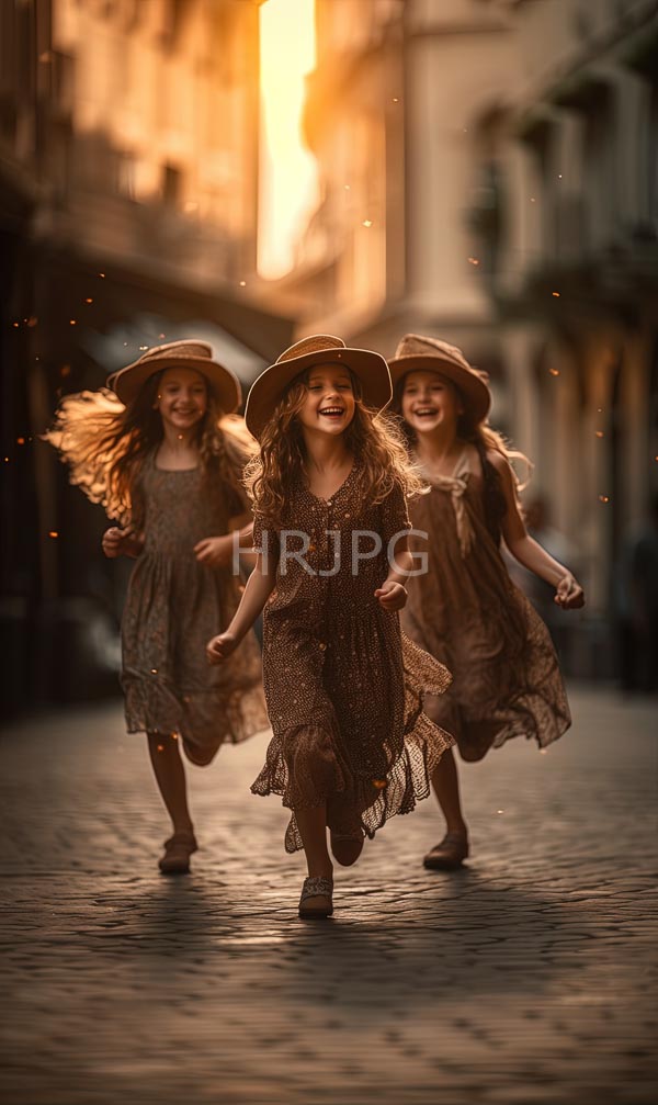 High Resolution: Three smiling young women with curly hair wearing brown lace flowing dresses and wide-brimmed hats run joyfully down a cobblestone street at sunset download. | HRJPG.com