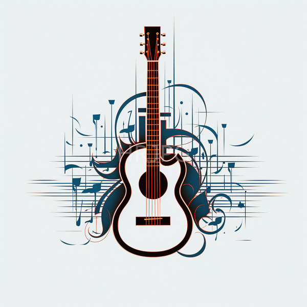 High Resolution: Brown and white acoustic guitar is centered on a light blue background surrounded by abstract musical notes and swirling blue lines download. | HRJPG.com