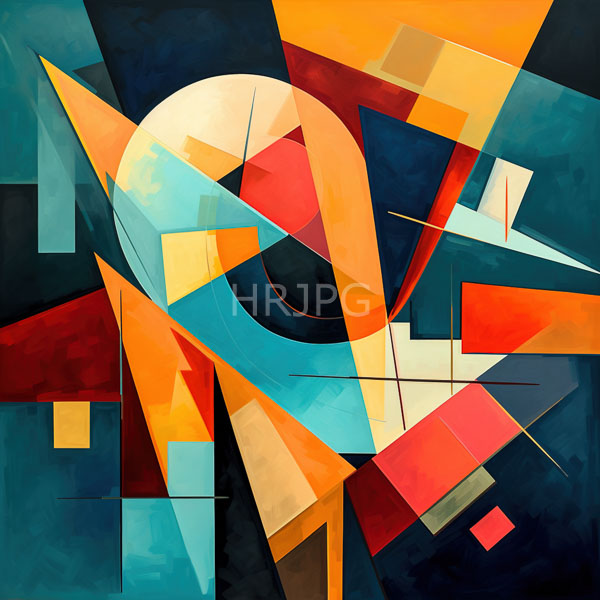 High Resolution: Abstract painting features geometric shapes in vibrant colorsorange red teal and yellowover a dark blue background creating a dynamic layered effect download. | HRJPG.com