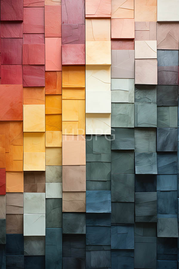 High Resolution: Colorful textured wall is composed of variously sized rectangular tiles in shades of red orange yellow beige green and blue arranged in a grid pattern download. | HRJPG.com