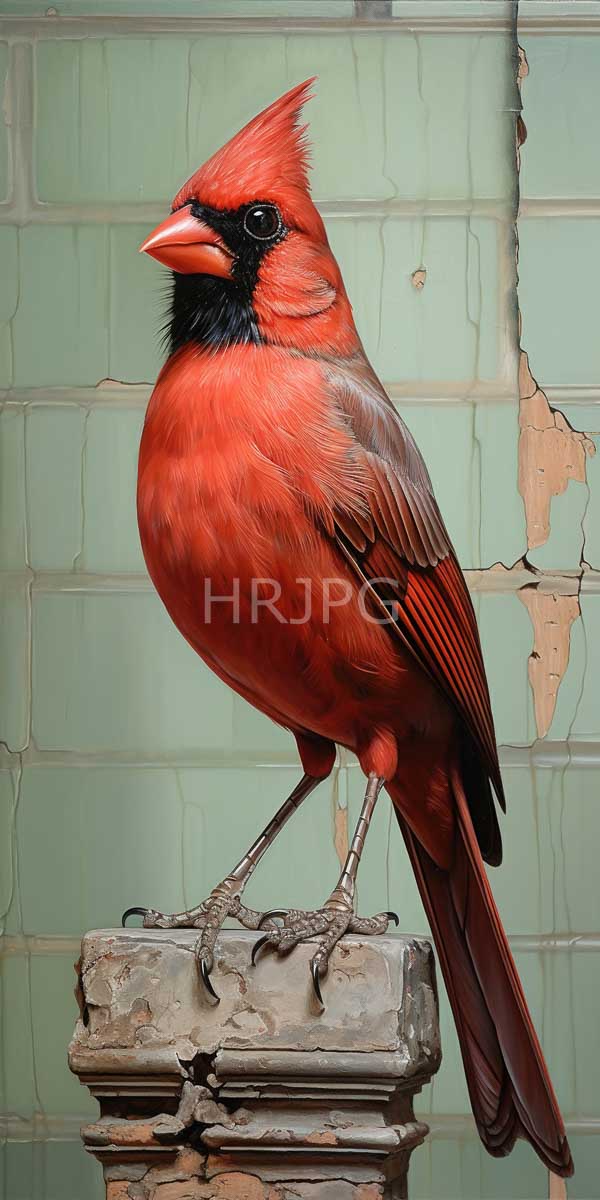 High Resolution: Vibrant red cardinal bird with black facial markings and a pointed crest is perched on a weathered gray stone column against a green tiled wall download. | HRJPG.com