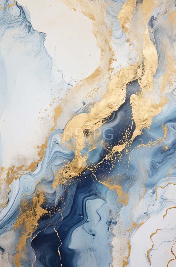 High Resolution: Abstract painting features fluid marbled textures in shades of white blue gold and black with wavy organic patterns and gold splashes download. | HRJPG.com