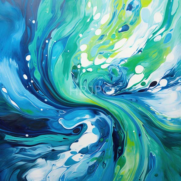 High Resolution: Abstract painting features swirling fluid patterns in vibrant shades of blue green and white with dynamic wave-like motions and white splashes download. | HRJPG.com