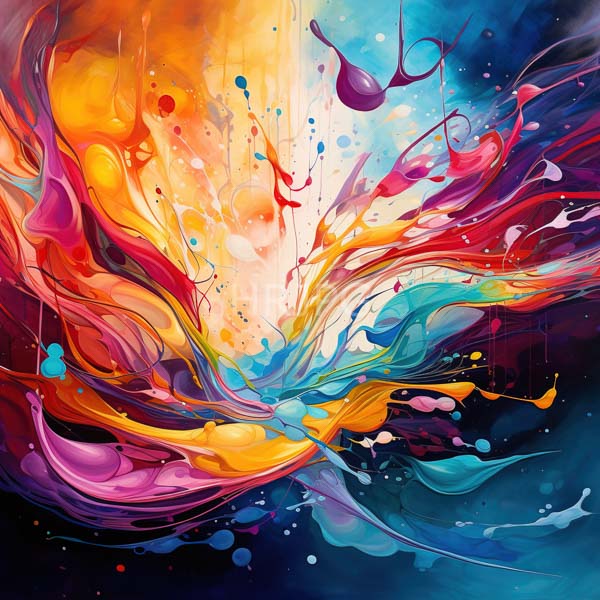 High Resolution: Vibrant abstract painting features a dynamic explosion of colorful fluid-like shapes and splashes in a mix of bright oranges yellows reds purples blues and greens download. | HRJPG.com