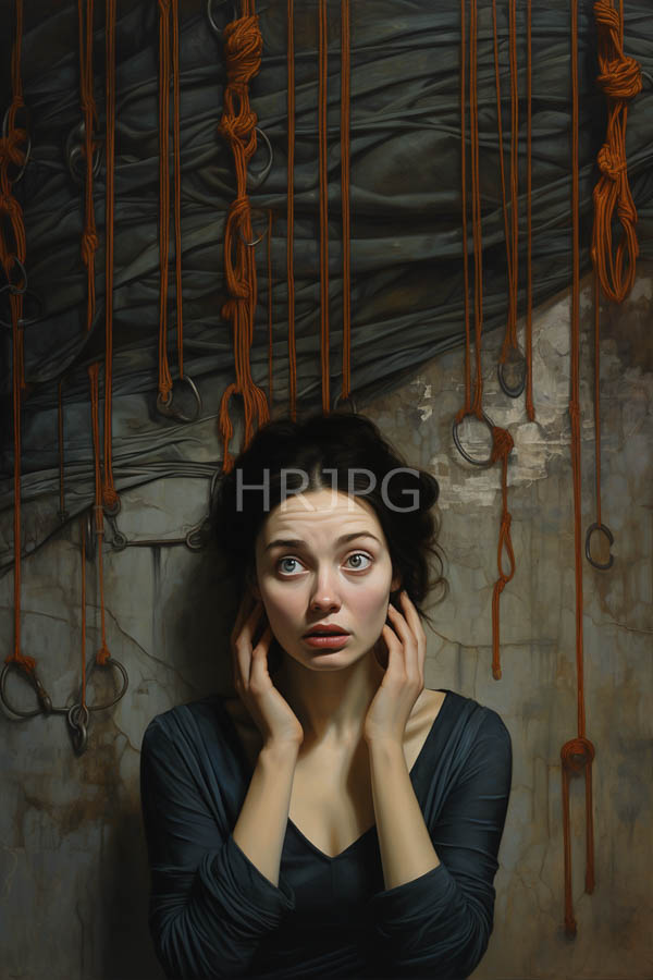 High Resolution: Young woman with fair skin and dark brown hair wears a dark blue long-sleeved top with wide expressive blue eyes and a surprised expression download. | HRJPG.com