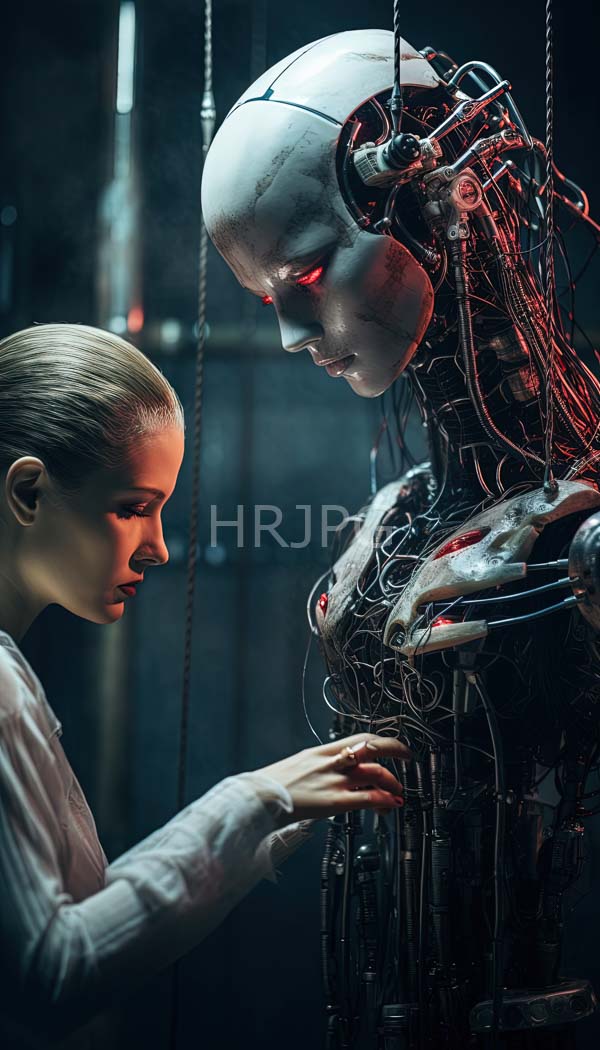 High Resolution: Blonde woman in a white lab coat gently touches the chest of a humanoid robot with exposed wires and red glowing eyes against a dark background download. | HRJPG.com