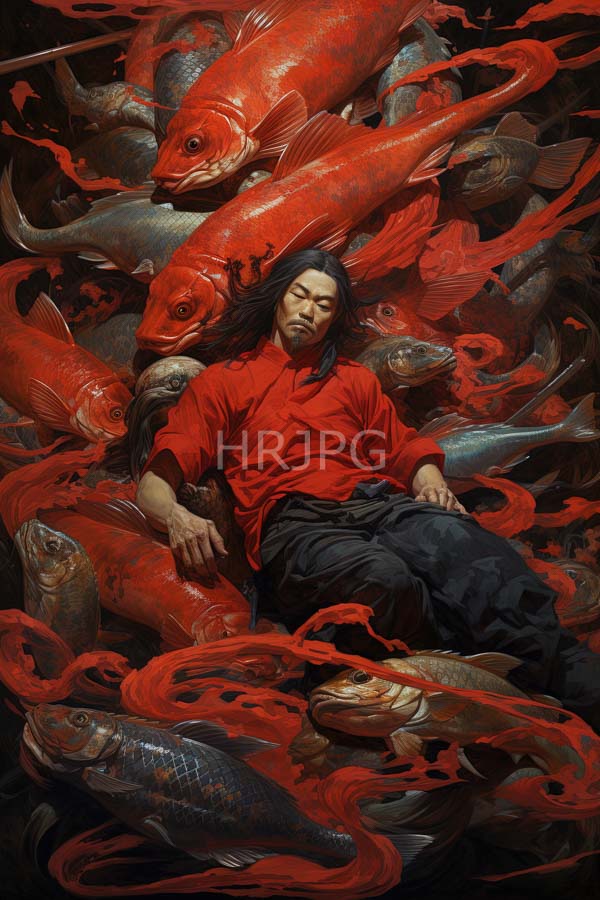 High Resolution: Asian man with long black hair wearing a red shirt and black pants is lying down eyes closed surrounded by numerous vibrant red and silver fish creating a surreal underwater scene download. | HRJPG.com