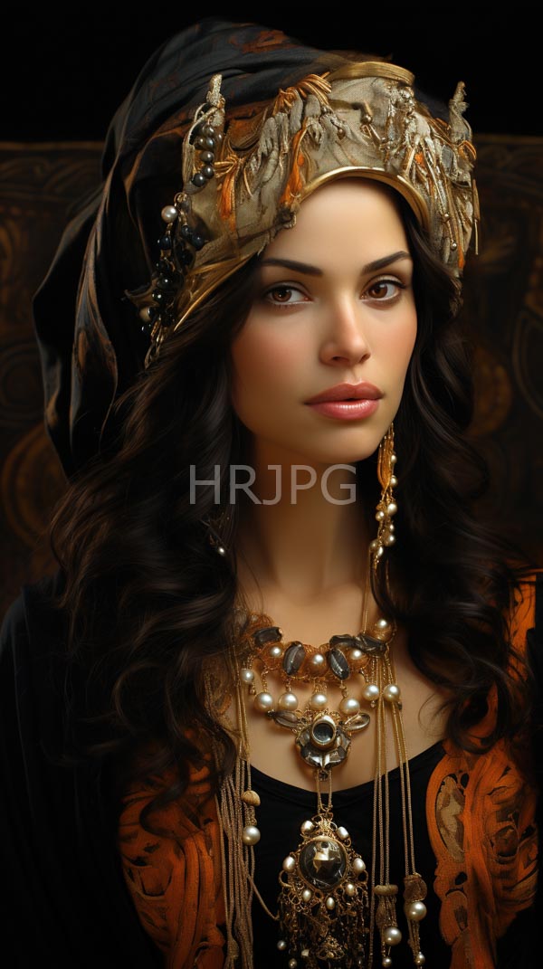 High Resolution: Young woman with fair skin and dark wavy hair wears an ornate gold and brown headdress adorned with feathers and beads and a detailed necklace download. | HRJPG.com