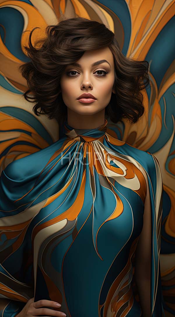 High Resolution: Young woman with medium brown wavy hair and light brown skin wears a teal high-neck flowing dress with orange and white swirling patterns download. | HRJPG.com