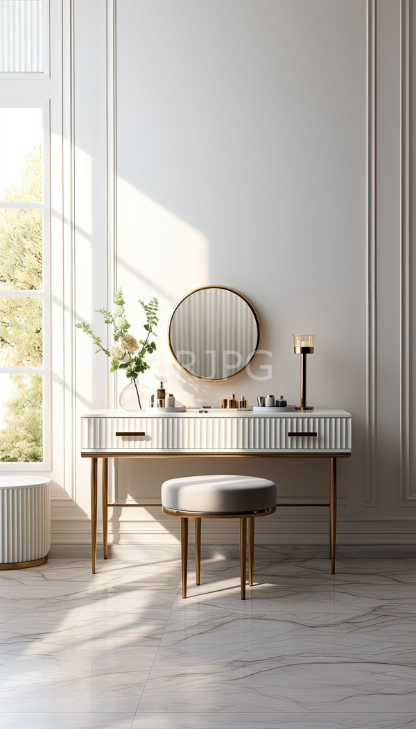 High Resolution: Minimalist modern vanity room features a white ribbed console table with gold legs holding a round mirror perfume bottles and a black candlestick lamp download. | HRJPG.com