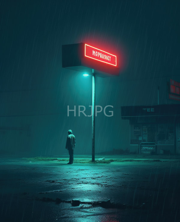 High Resolution: Solitary figure in a dark rain-soaked parking lot at night stands under a glowing red "MAPLE MART" neon sign silhouetted against the greenish light download. | HRJPG.com
