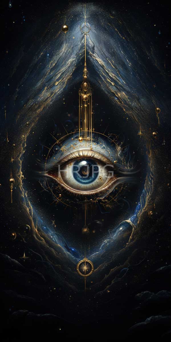 High Resolution: Glowing blue-eyed human eye is at the center surrounded by a dark cosmic background with golden celestial patterns stars and ethereal blue and gold cloud-like textures download. | HRJPG.com