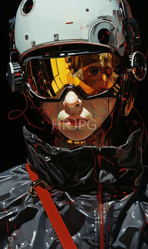 High Resolution: Person in a futuristic white helmet with black and red accents wears reflective yellow goggles and a black glossy high-tech jacket with a red strap download. | HRJPG.com