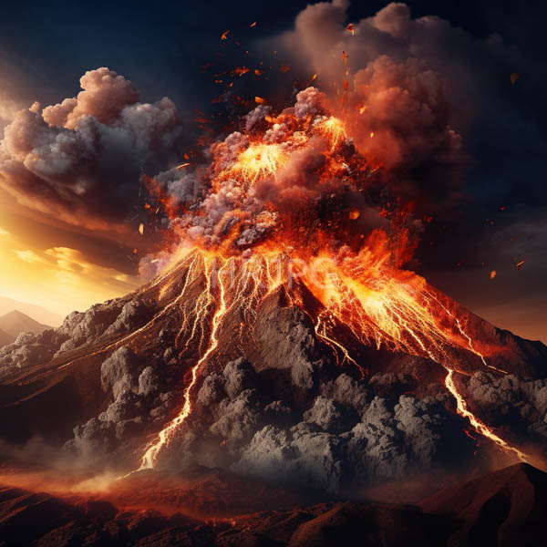 High Resolution: Erupting volcano features bright orange and red molten lava flowing down its slopes surrounded by thick dark gray and black smoke clouds beneath a sunset sky download. | HRJPG.com