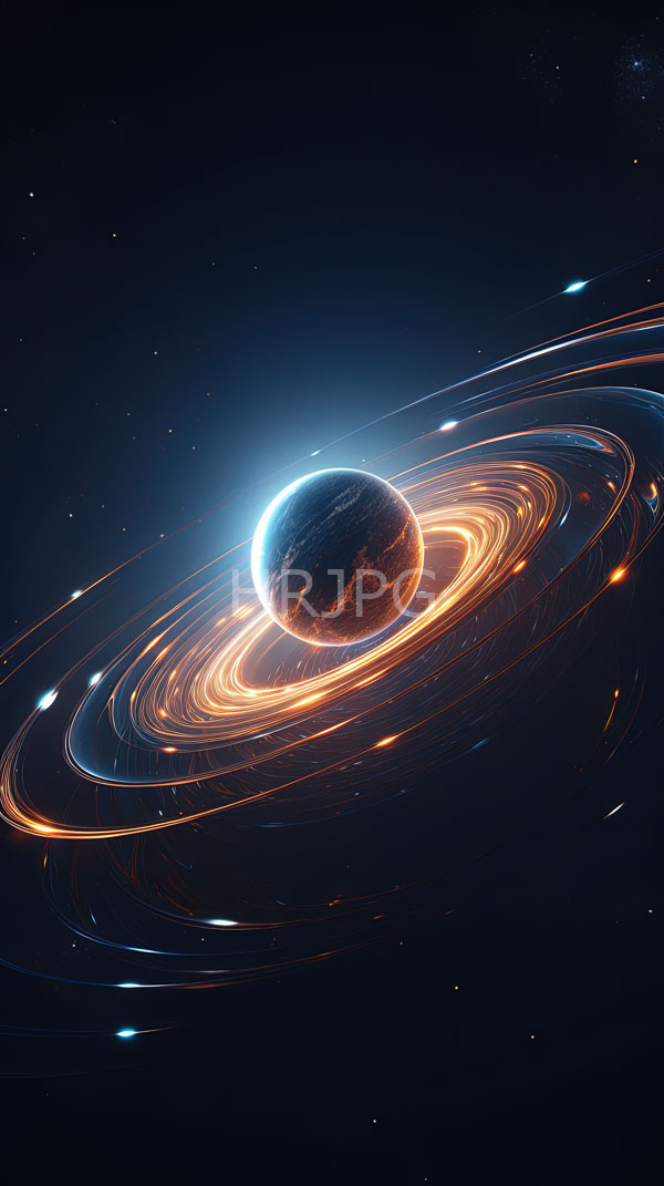 High Resolution: Planet with a dark textured surface is surrounded by glowing orange rings illuminated by a bright blue-white light against a dark space background download. | HRJPG.com