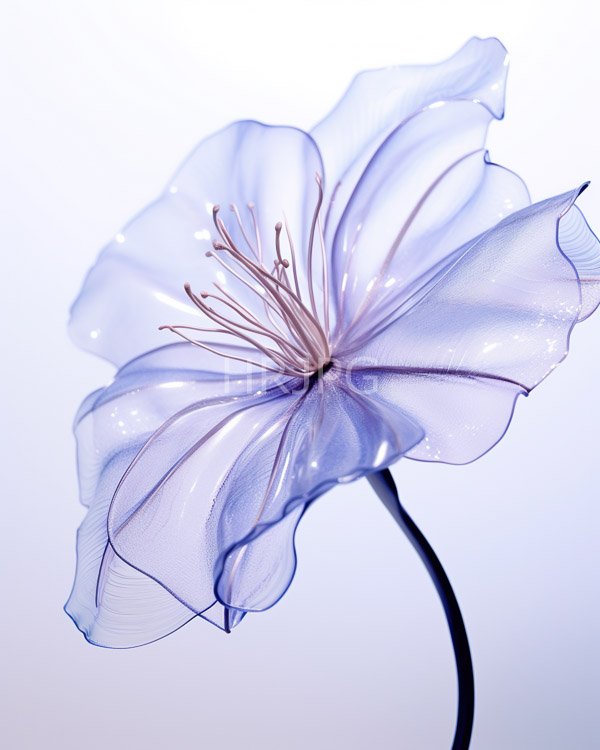 High Resolution: Delicate translucent blue flower with soft flowing petals and slender pink-tipped stamens is highlighted by subtle sparkles against a light gray to white gradient background download. | HRJPG.com
