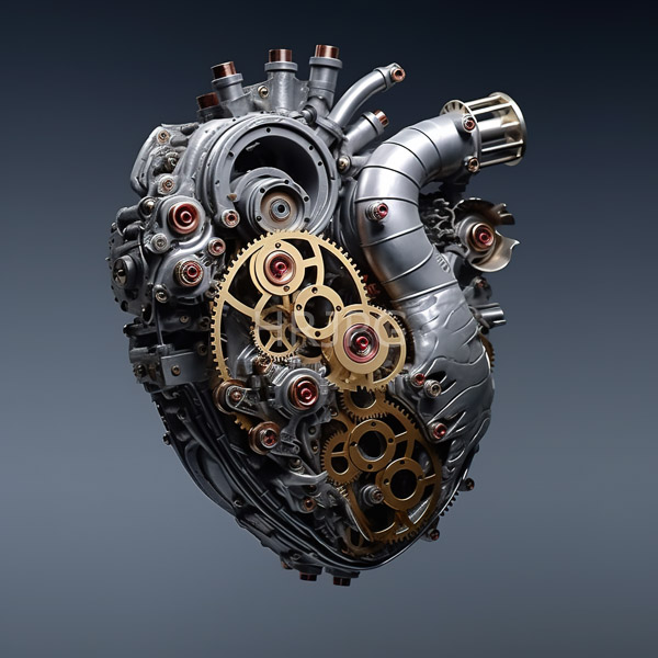 High Resolution: Human heart is rendered as a complex mechanical engine composed of silver and bronze metallic parts featuring numerous gears pipes and cylindrical components download. | HRJPG.com