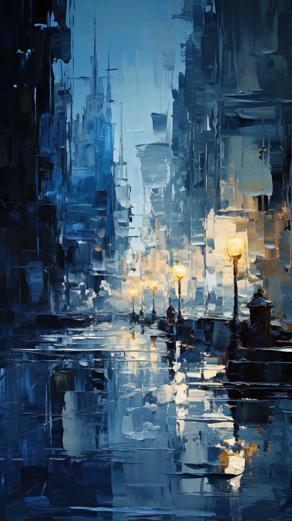 High Resolution: Nighttime urban street scene in an impressionistic style features reflective wet pavement illuminated by glowing warm yellow street lamps and blurred dark blue buildings download. | HRJPG.com