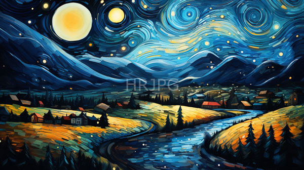 High Resolution: Vibrant digital painting in a swirling impressionistic style depicts a nighttime rural landscape with a sky filled with blue and yellow patterns and a large glowing yellow moon download. | HRJPG.com