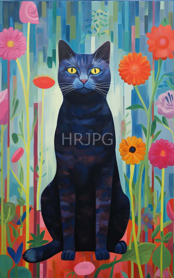 High Resolution: Vibrant digital painting of a dark blue striped cat with yellow eyes sits in a colorful abstract garden surrounded by tall colorful flowers download. | HRJPG.com