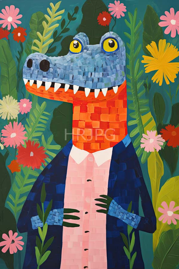 High Resolution: Colorful anthropomorphic crocodile with a blue mosaic-patterned head yellow eyes and sharp white teeth wears a pink shirt and a dark blue jacket standing amidst vibrant foliage download. | HRJPG.com