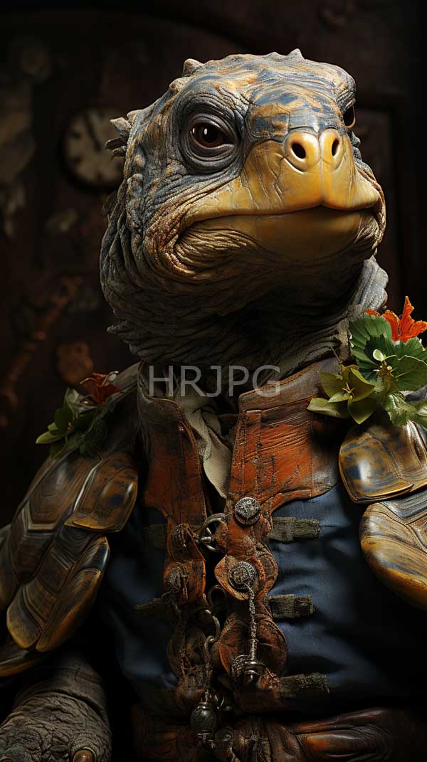 High Resolution: Anthropomorphic turtle with textured scaly skin wears rustic brown leather armor over a blue shirt with a yellow rounded snout and expressive eyes download. | HRJPG.com