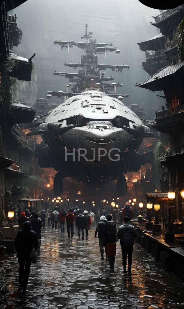 High Resolution: Rainy foggy street features a futuristic massive spaceship towering in the background with the wet street reflecting streetlights and the spaceship's metallic surface download. | HRJPG.com