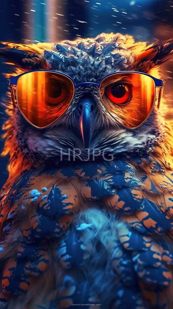 High Resolution: Detailed realistic owl with vibrant orange and blue feathers wears reflective orange-tinted aviator sunglasses with intense red eyes visible through the lenses download. | HRJPG.com