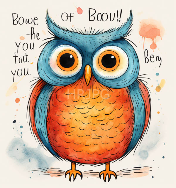 High Resolution: Whimsical colorful cartoon owl with large expressive orange and black eyes blue and orange feathered body stands surrounded by splashes download. | HRJPG.com