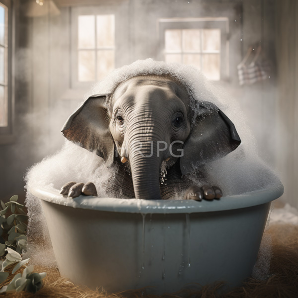 High Resolution: Young elephant with large ears and a long trunk sits in a white bathtub filled with soapy bubbles with its expressive eyes looking forward download. | HRJPG.com