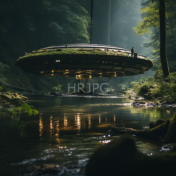 High Resolution: Futuristic moss-covered saucer-shaped floating structure hovers above a serene forest river with a lone figure standing on the structure's edge download. | HRJPG.com