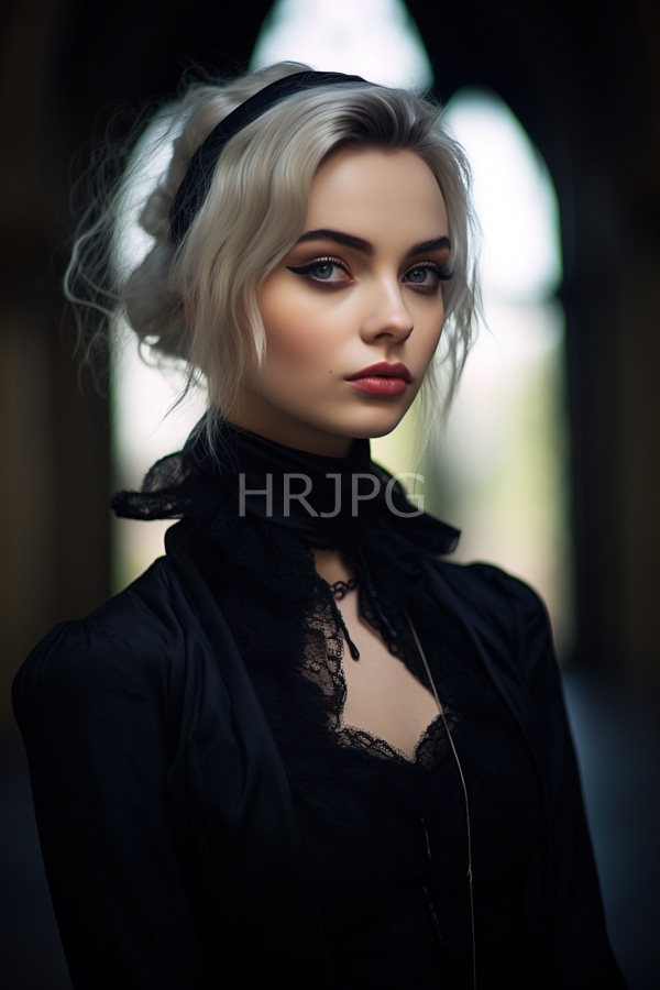 High Resolution: Pale-skinned blonde woman with blue eyes wears a black lace-trimmed dress and headband with a delicate symmetrical face and a slight enigmatic smile download. | HRJPG.com