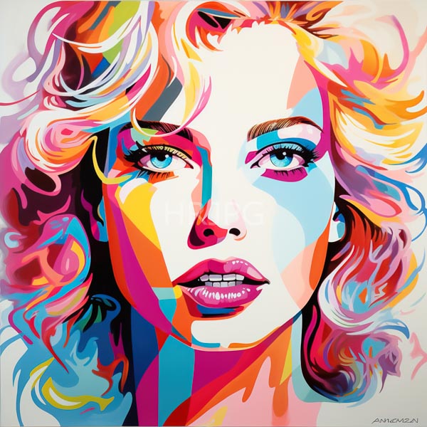 High Resolution: Vibrant digital pop art portrait of a woman with wavy multicolored hair uses bold geometric patterns in bright colors to create a striking abstract effect download. | HRJPG.com