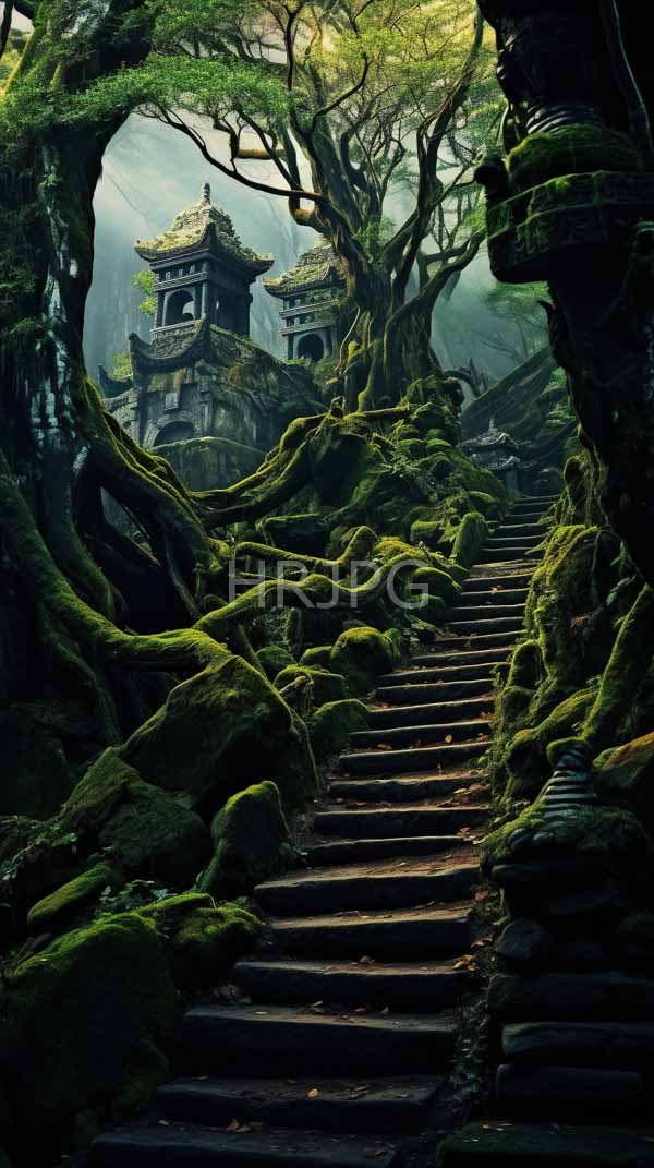 High Resolution: Moss-covered ancient stone staircase winds through a dense misty forest with twisted gnarled trees and two intricately detailed traditional Asian-style structures in the background download. | HRJPG.com