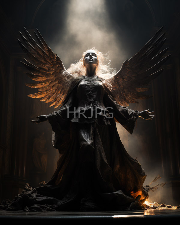 High Resolution: Majestic ethereal female figure with large dark feathered wings has pale glowing skin and flowing white hair wearing a tattered black medieval-style dress download. | HRJPG.com
