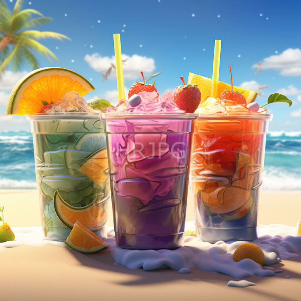 High Resolution: Three colorful transparent plastic cups filled with ice and fruit slices each with a yellow straw have various colored fruit combinations download. | HRJPG.com