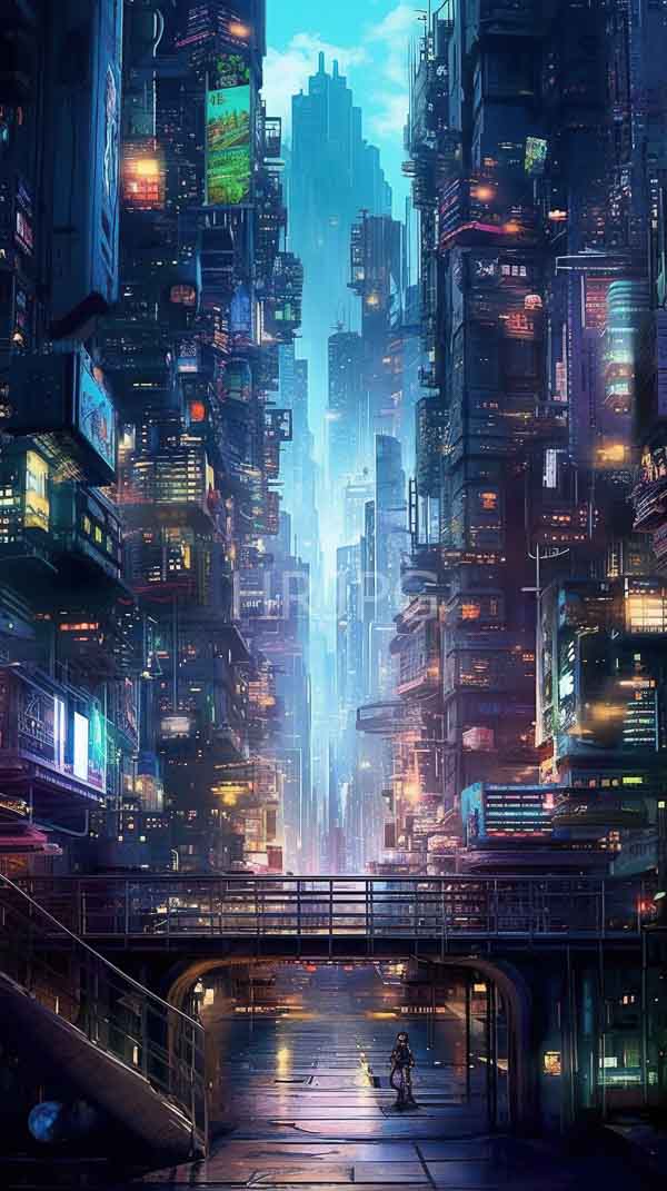 High Resolution: Futuristic neon-lit cityscape features towering densely packed skyscrapers illuminated by colorful glowing signs and a lone figure standing on a narrow elevated bridge download. | HRJPG.com