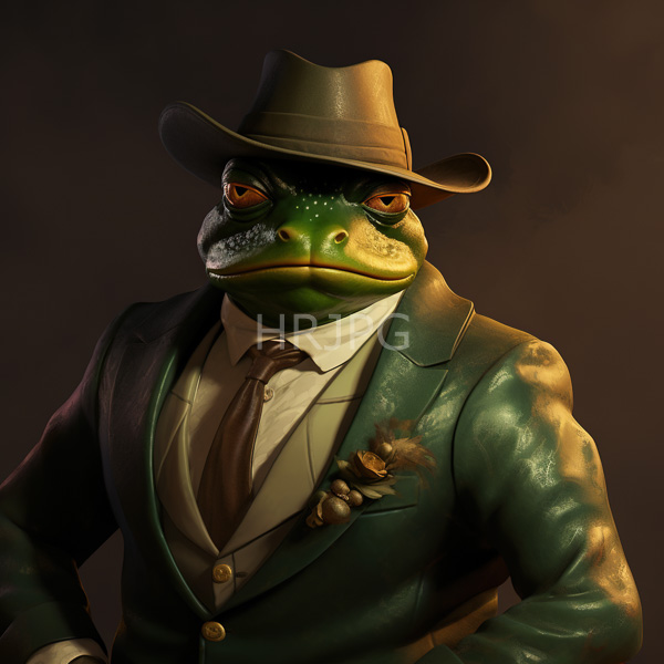 High Resolution: Green anthropomorphic frog wears a dark green suit white shirt brown tie and a brown fedora hat with a serious expression and textured scaly skin download. | HRJPG.com