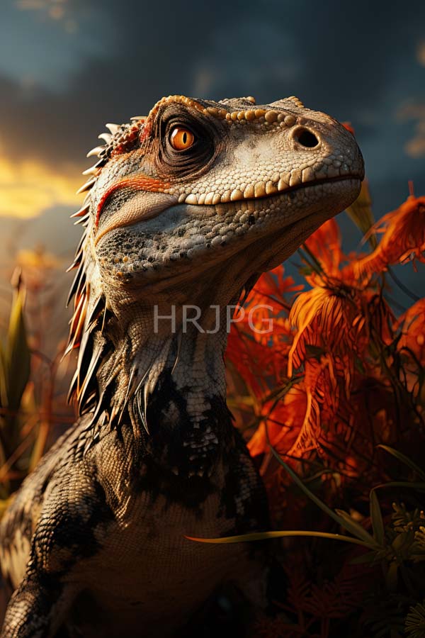 High Resolution: Detailed textured raptor with orange eyes gray and black scaly skin and a spiky crest stands amidst vibrant orange flowers under a dramatic cloudy sunset sky download. | HRJPG.com