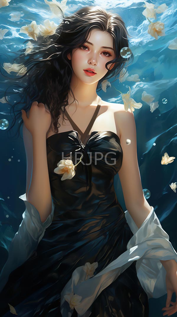 High Resolution: Beautiful young woman with long wavy black hair fair skin and red lips floats underwater wearing a black strapless dress with a white flower download. | HRJPG.com