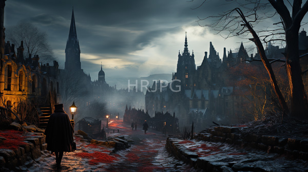 High Resolution: Dark misty Gothic-style town at twilight features a lone figure in a black coat and hat standing on a cobblestone path leading to ornate spire-topped buildings download. | HRJPG.com