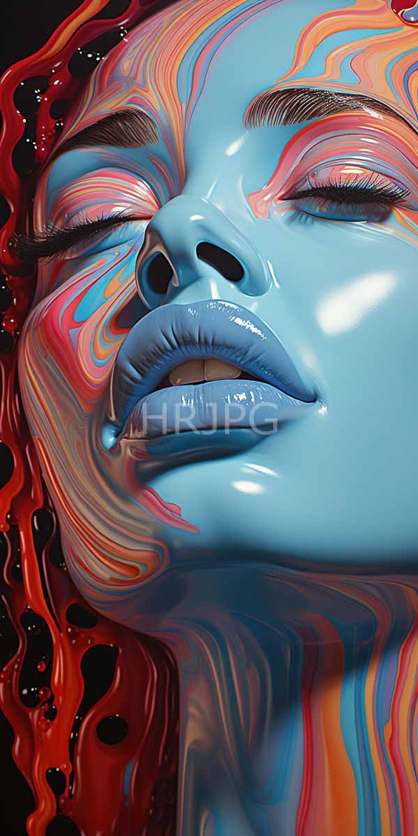 High Resolution: Blue-skinned woman with closed eyes glossy lips and vibrant swirling patterns in red orange and pink on her face and hair has a shiny plastic-like texture download. | HRJPG.com