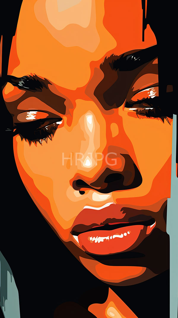 High Resolution: Close-up stylized African-American woman's face has dark thick eyebrows half-closed eyes with red irises and full glossy red lips with her skin in a vibrant mix of orange and brown tones download. | HRJPG.com
