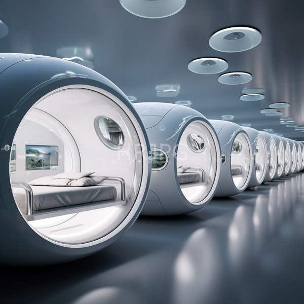 High Resolution: Futuristic minimalist room features a row of sleek circular white pods with rounded edges each containing a simple bed with a reflective glossy floor and ceiling download. | HRJPG.com