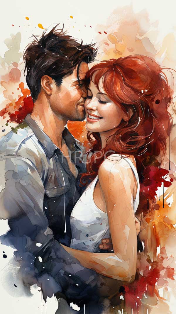 High Resolution: Watercolor-style drawing of a loving couple features the man with dark tousled hair gently kissing the forehead of the woman with vibrant red hair download. | HRJPG.com
